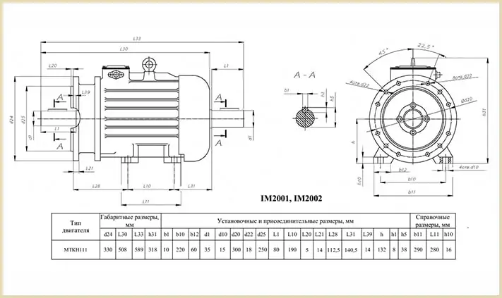 Чертеж и размеры МТКF 111 6 3,5 865 на лапах