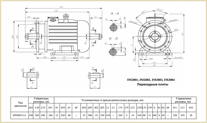 Чертеж и размеры МТКF 211 В6 7,5 880 на лапах