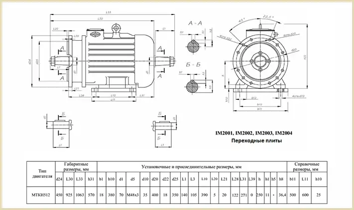 Чертеж и размеры МТКF 512 8 37 700 на лапах
