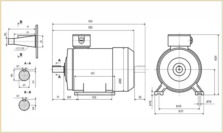 Чертеж из паспорта двигателя 4MTM 280L6 с габаритными размерами и диаметром вала