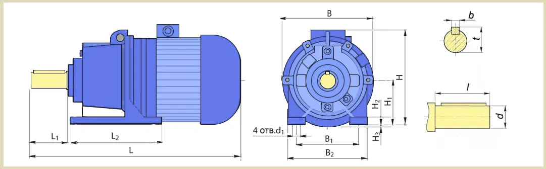 Чертеж габаритных и присоединительных размеров мотор-редуктора 3МП-100 на лапах