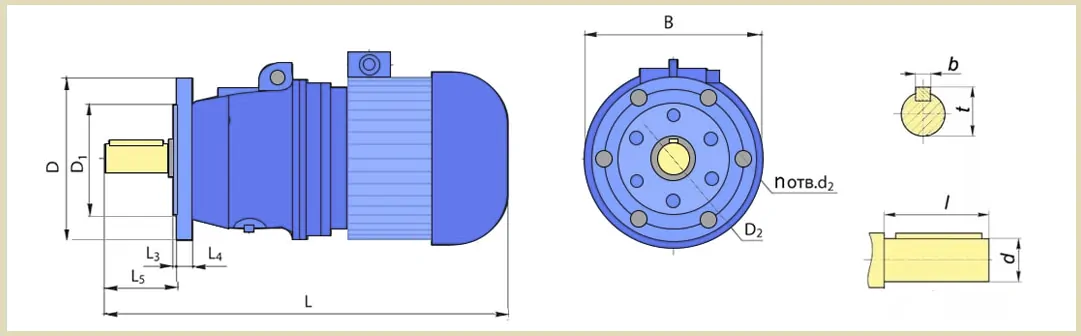Чертеж габаритных и присоединительных размеров мотор-редуктора 4МП-100 с фланцем