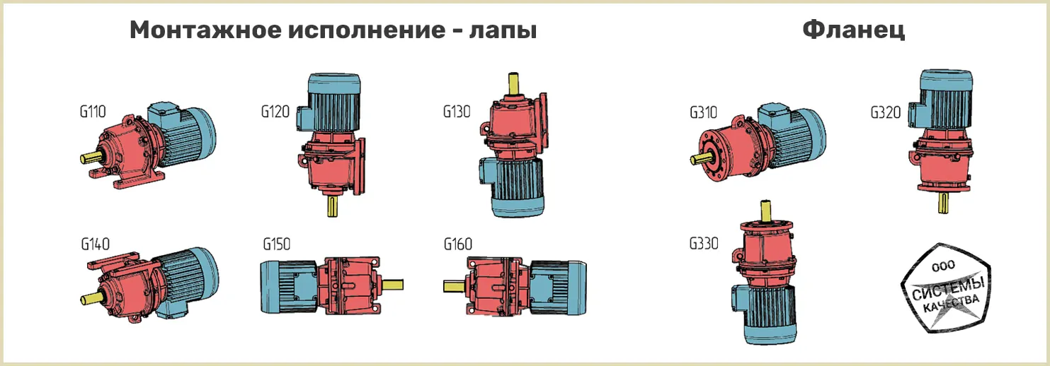 Монтажные исполнения редуктора 3МП-100
