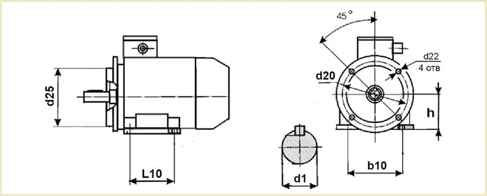 Чертеж трехфазного асинхронного электродвигателя с короткозамкнутым ротором изготовленных по ГОСТ и DIN