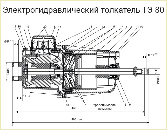 Будова та габаритні розміри гідроштовхача ТЕ-80