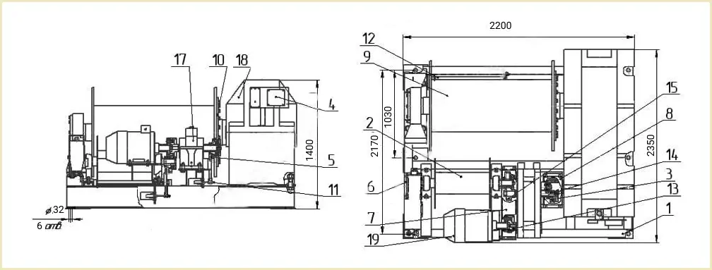 Габаритные размеры лебедки ЛЭМ-15 чертеж