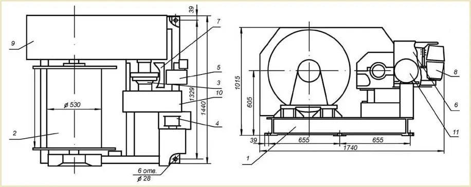 Габаритные размеры лебедки ТЭЛ-5А чертеж