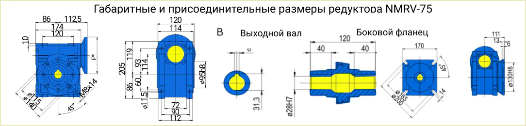 Размеры редуктора NMRV 075 чертеж