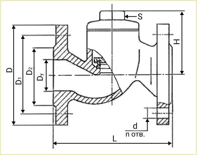 Габаритные и присоединительные размеры клапана 16ч3п чертеж