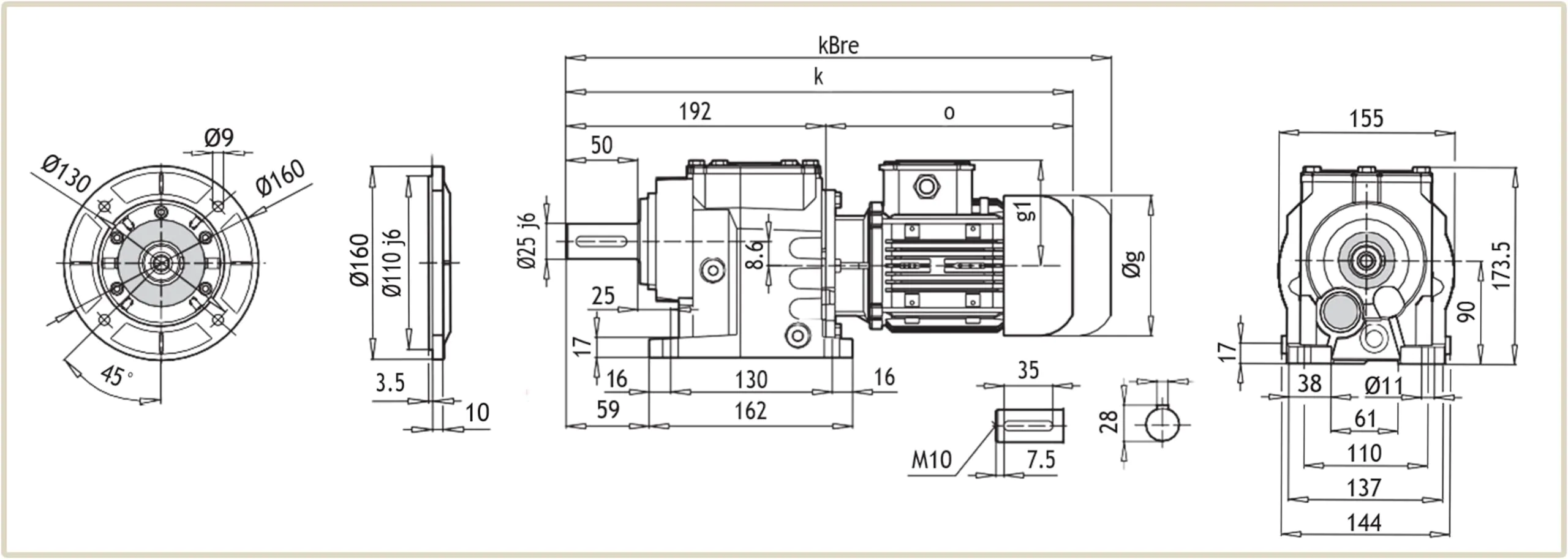 Габаритные и присоединительные размеры мотор-редуктора AF-252 чертеж