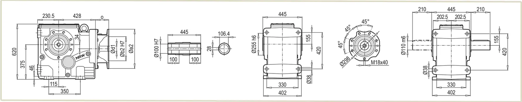 Габаритные и присоединительные размеры мотор-редуктора К-100390 чертеж
